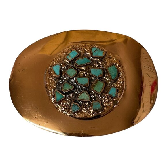 Vintage Belt Buckle Solid Copper Turquoise Inlay Nickel Silver Bell - Picture 1 of 16
